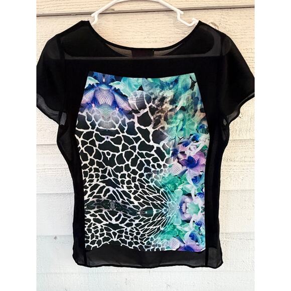 Romeo + Juliet Couture Sheer Black Graphic Blouse XS Floral Leopard Top - Picture 8 of 8